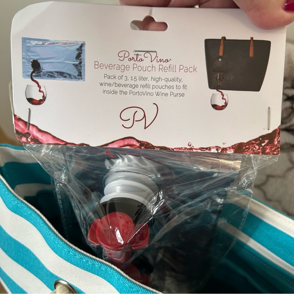 NWT Porto Vino Teal White Striped Secret Insulated Wine Tote Bag Purse - Picture 9 of 14